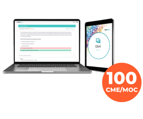 image of the q and a product on a laptop computer and ipad with 100 cme and moc on top of it with an orange banner