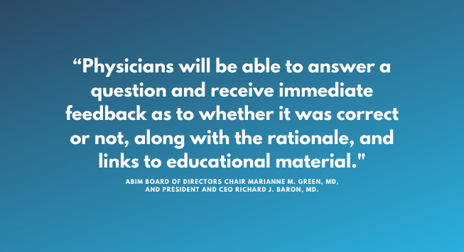 A quote in white text on a blue background from the ABIM Board of Directors Chair, and President and CEO