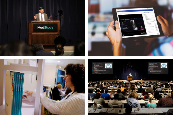 4 images of the course, speaker lecturing, viewing on an ipad, attendee looking at books, and the room full of attendees a the Internal Medicine Board Review Course 