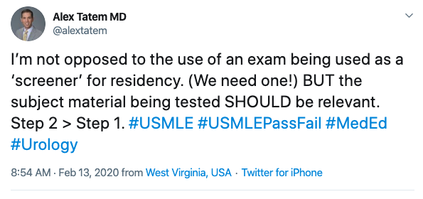 Tweet on #USMLEPassFail from Alex Tatem, MD