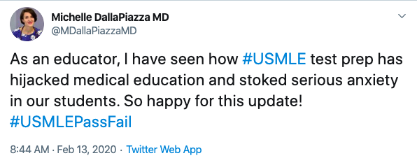 Tweet on #USMLEPassFail from Michelle DallaPiazza, MD