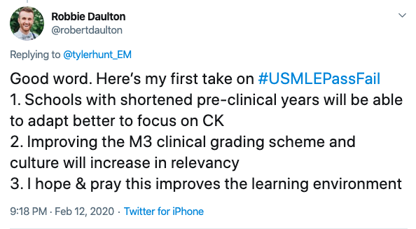 Tweet on #USMLEPassFail from Robbie Daulton