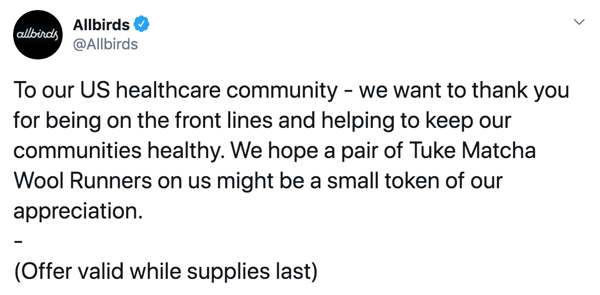 Allbirds Tweet to the healthcare community
