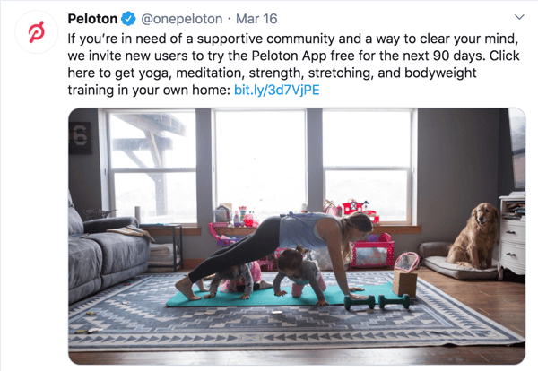 Peloton tweet, image of woman doing yoga from home with her child. 