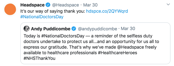 Headspace tweet offering free Headspace Plus for healthcare workers in public health