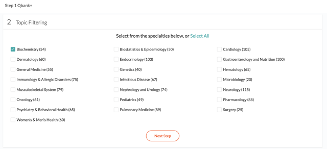 Topic filtering in the Step 1 Qbank+