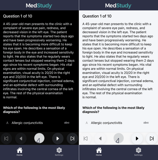 MedStudy app adapts to your device setting for dark and light mode