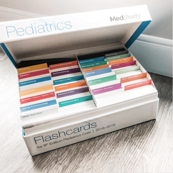 medstudys pediatric flashcards opened so you can see all of the colorful topics 