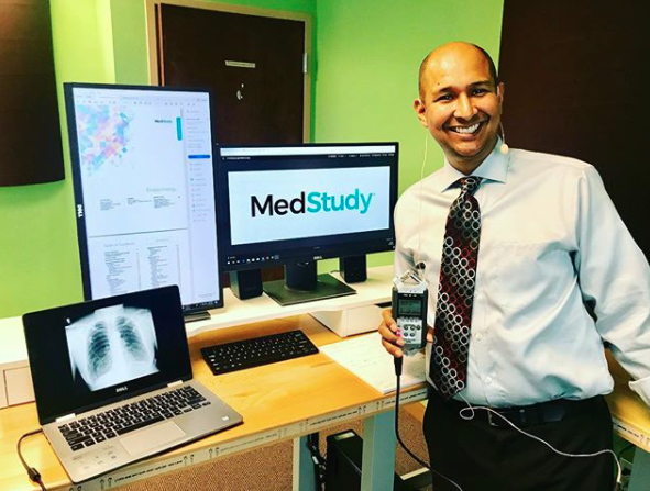 raj dasgupta, md, ABIM Board Review 2020 course speaker, at medstudy headquarters recording for the audio pearls 