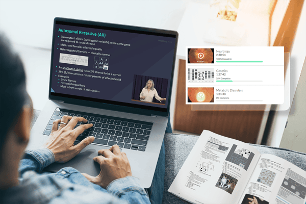 pediatrician watching the peds board review course on laptop with syllabus