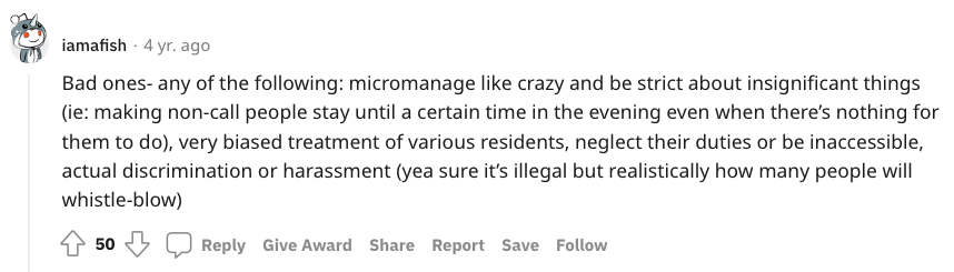 screenshot from reddit thread on how to be a good chief resident