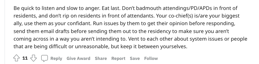 screenshot from reddit thread on how to be a good chief resident