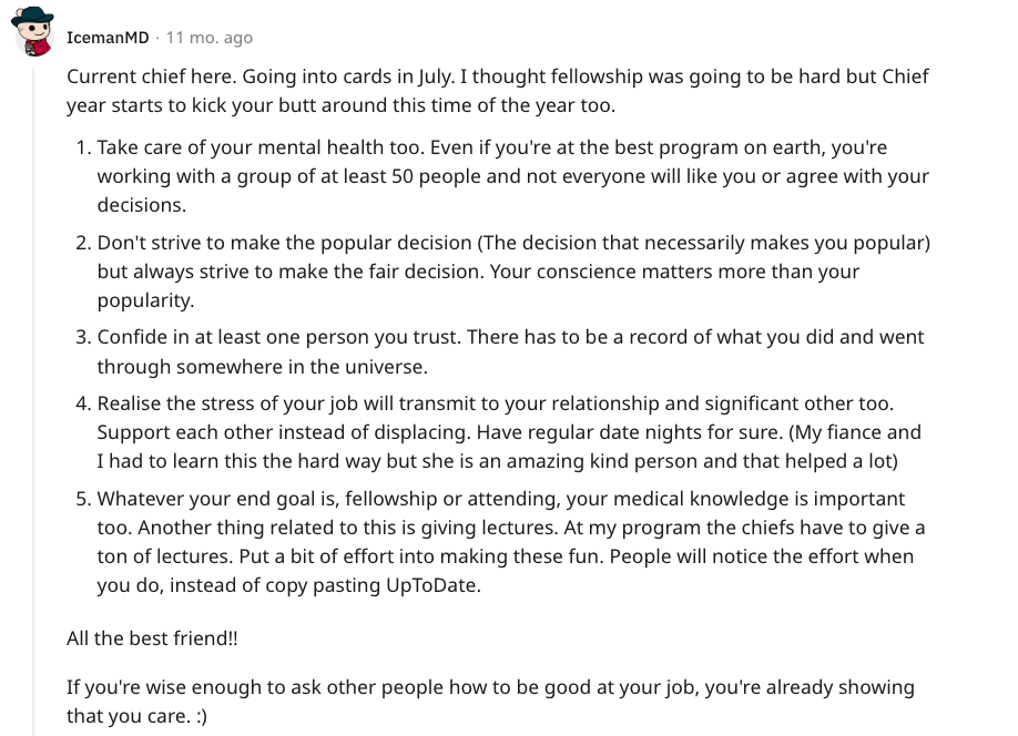 screenshot from reddit thread on how to be a good chief resident