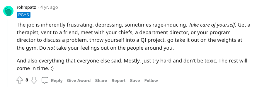 screenshot from reddit thread on how to be a good chief resident
